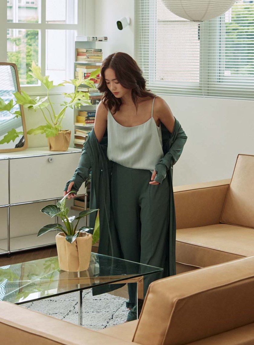 V領坑條細綁帶長袖罩衫